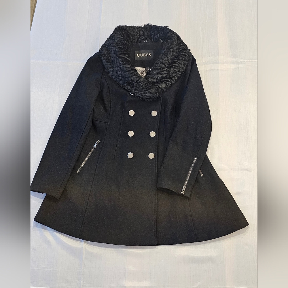GUESS Double-Breasted Skirted Wool Pea Coat w/Faux Fur Collar, Black, SZ M, NWOT